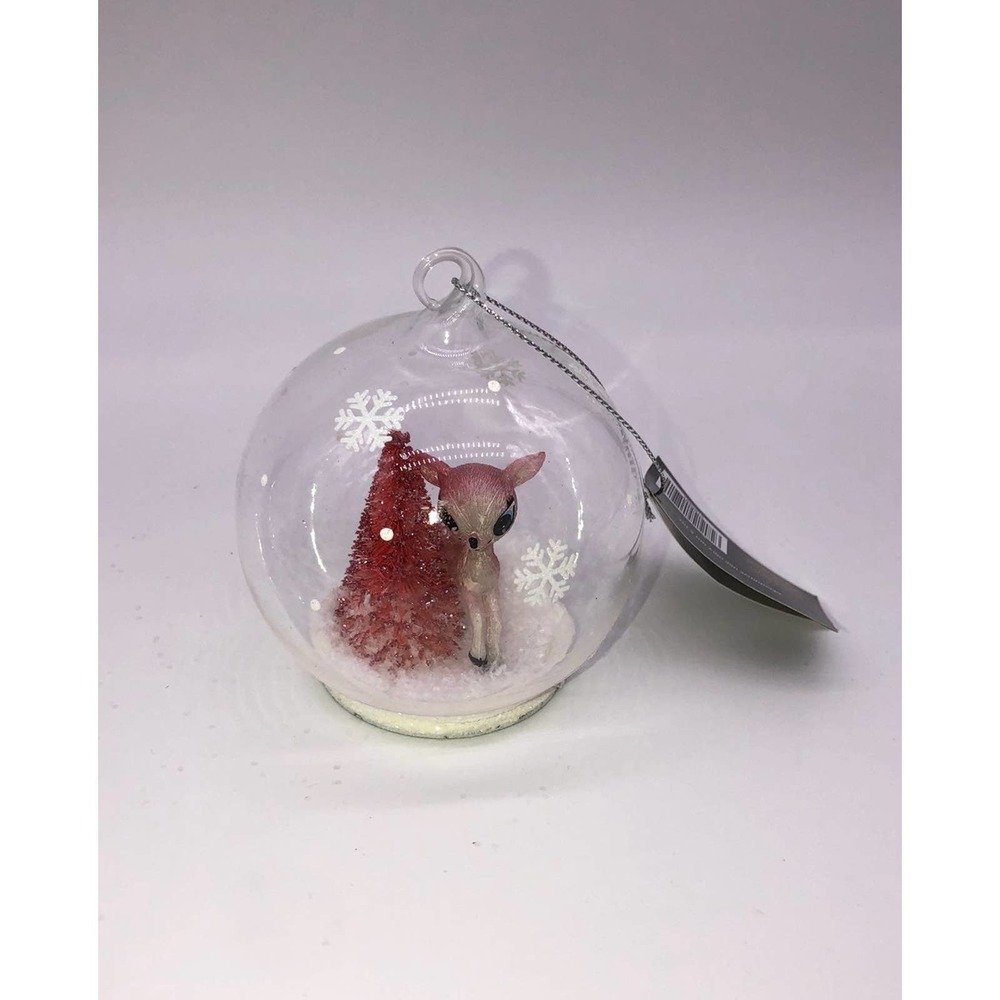 New Vintage Inspired Retro Pink Deer Bottle Brush Tree Glass Snowglobe Ornament